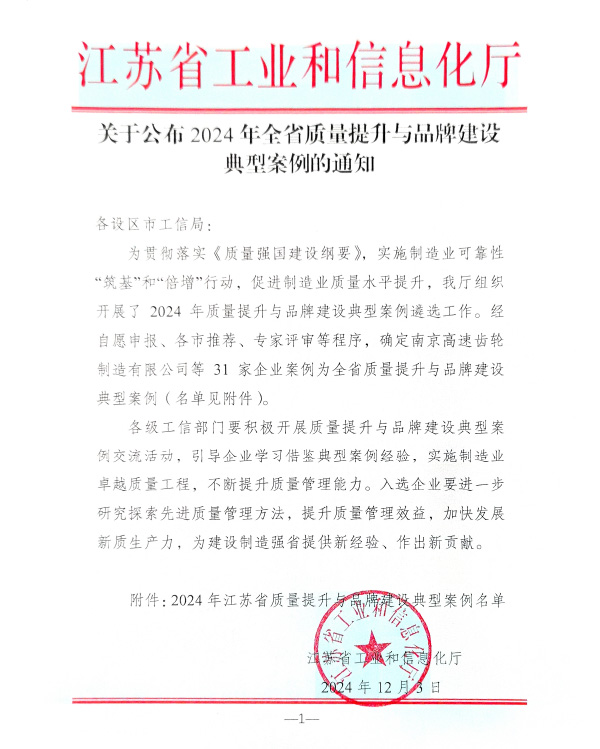 Circular on Announcing Typical Cases of
Provincial-wide Quality Improvement and Brand Building in 2024